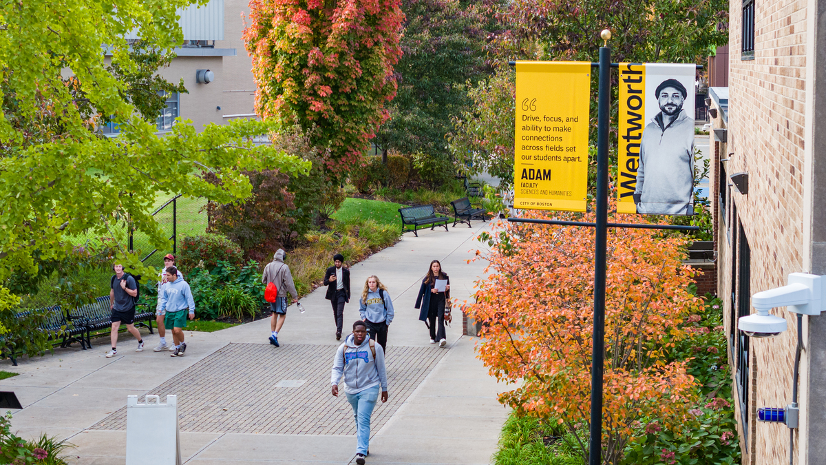 Students walking through the Wentworth campus
