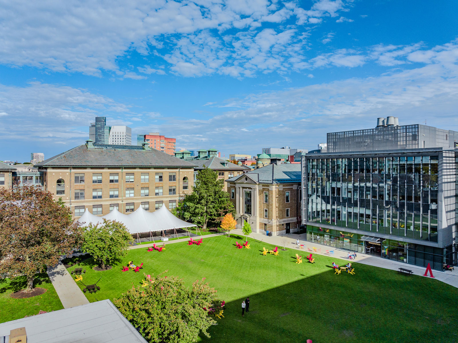 The Wentworth campus quad as shot on high by a drone