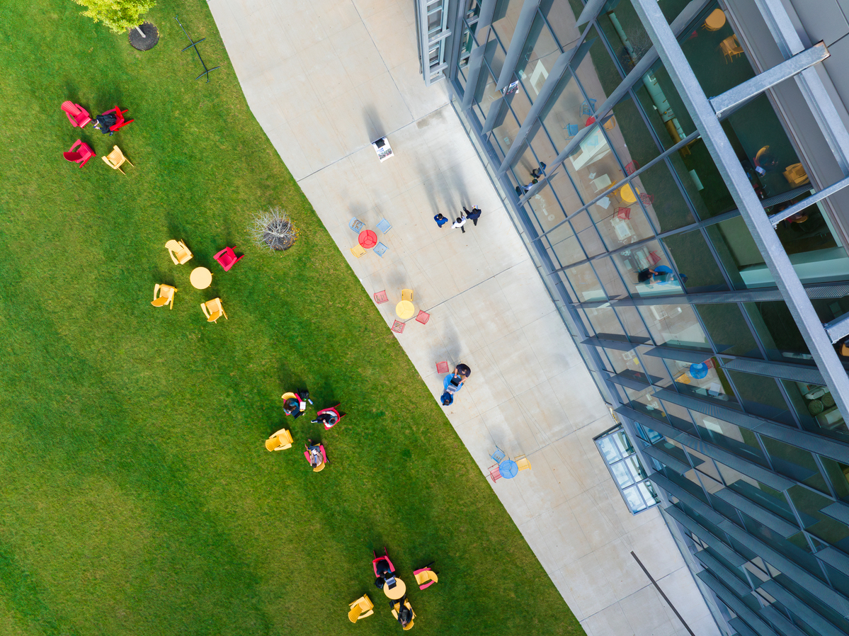 A drone photo looking down at the Wentworth campus from above