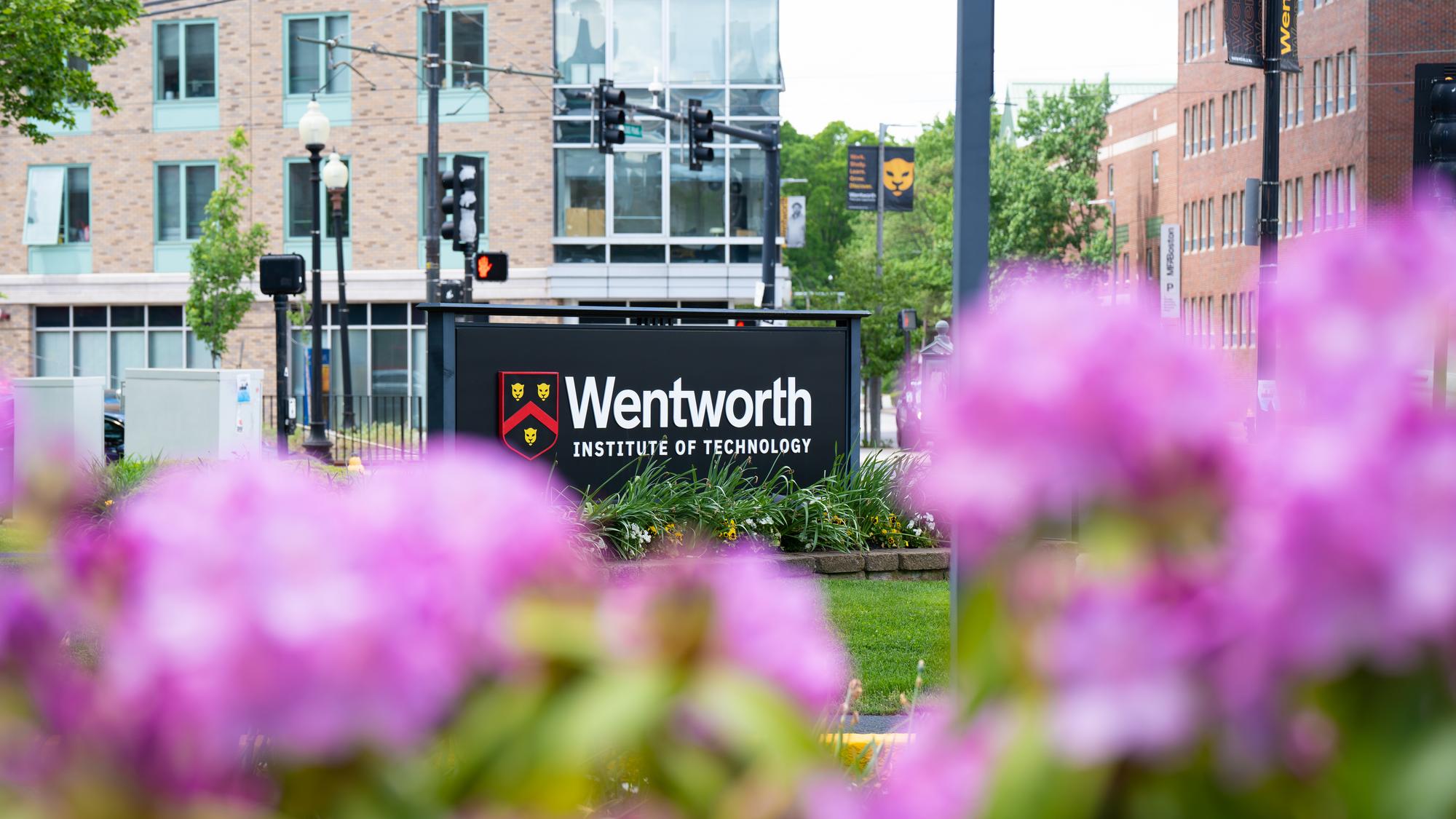 The Wentworth Institute of Technology sign on Huntington Ave pictured in spring.