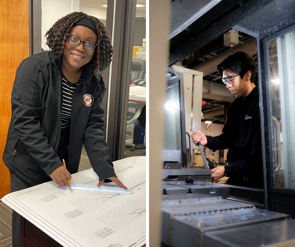 students at work during co-ops at two different companies