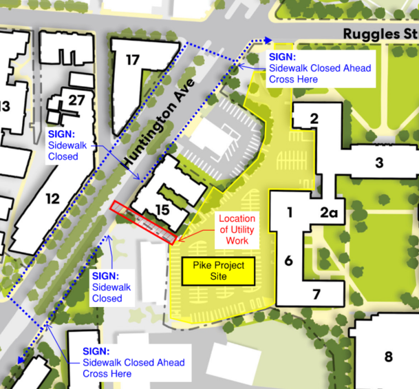 A map which shows the location of the utility work on Huntington Ave, there is a sign that says the sidewalk is closed at the crosswalks on Huntington and right in front of the treehouse building on Huntington.