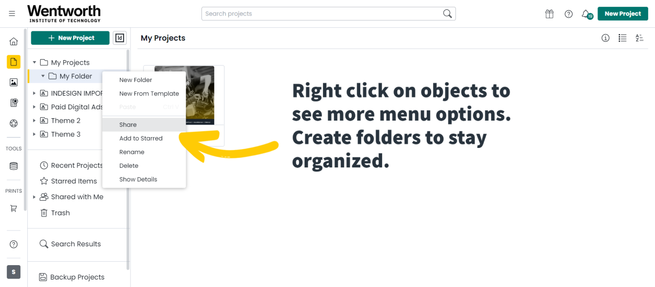 An image of MarCom on-demand with the text "Right click on objects to see more menu options. Create folders to stay organized."