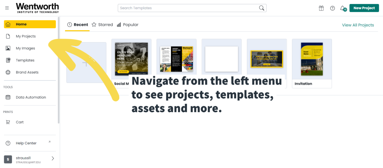 An arrow pointing to the navigation menu in MarCom On-Demand