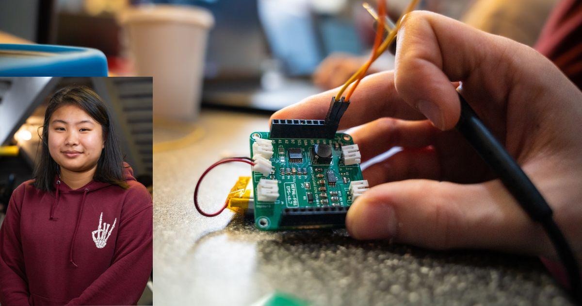 hands working on electronic device with inset photo featuring portrait of woman