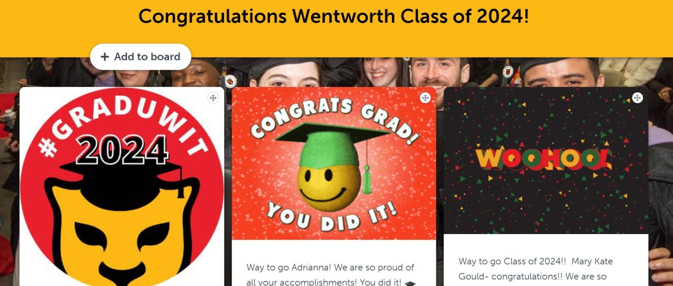 Screen shot of the message board with images of congratulations for the graduates.