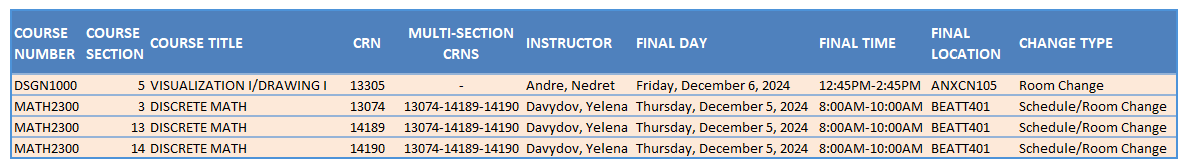 Fall 2024 Updated Final Exam Schedule