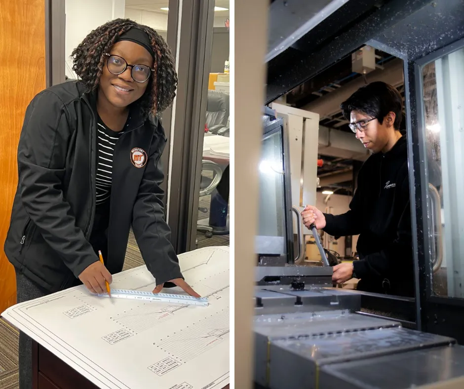 students at work during co-ops at two different companies