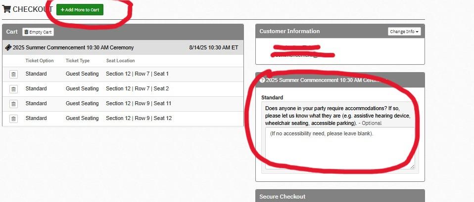 Summary Page of ticket ordering for commencement seats