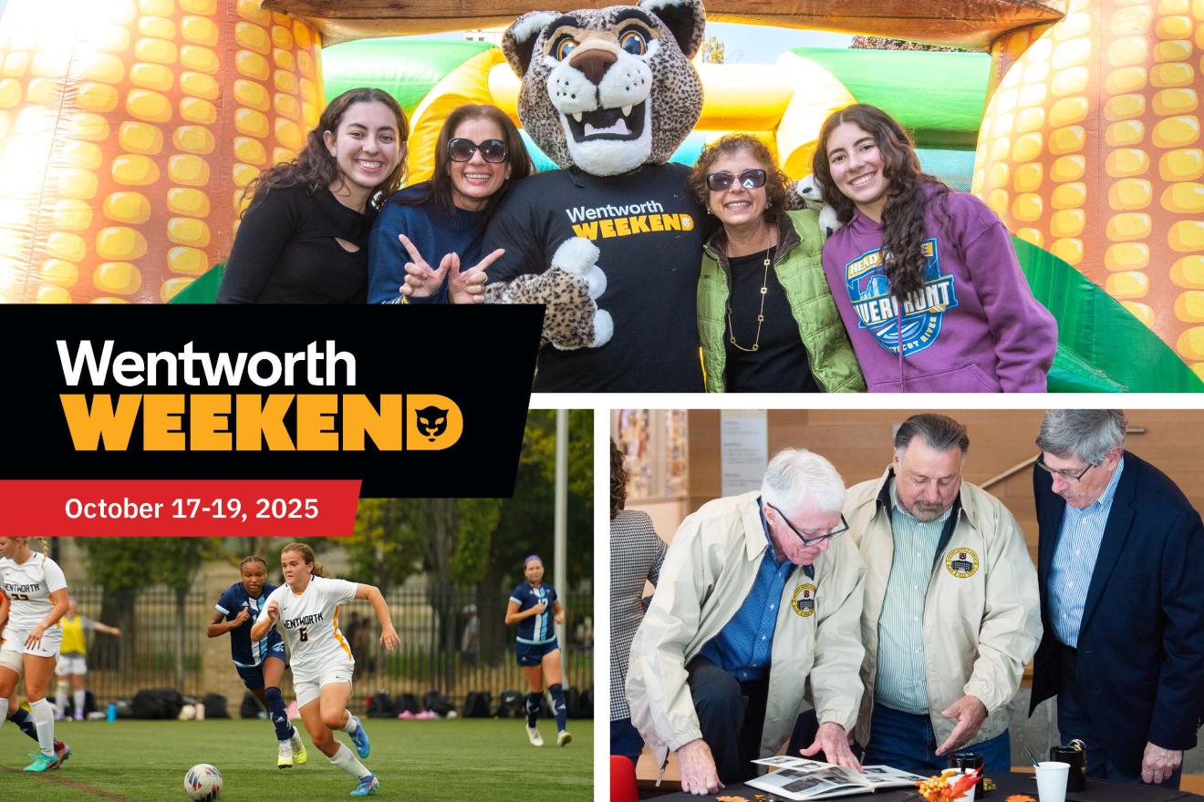 3 photo layout - top photo, family with leopard mascot in center in front of a corn shaped inflatable bounce house, 2 women in black on the left & 2 women in multicolored tops on the right, bottom left photo - women athletes playing soccer wearing white Wentworth uniforms kicking a soccer ball, bottom right, 3 older gentleman looking down at a yearbook from their class year, part of their 50th reunion celebration - 2 wearing a branded beige class year jacket & one wearing a dark sports coat
