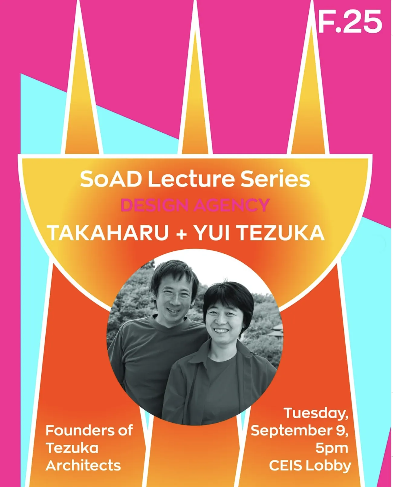 a colorful poster advertising a design lecture series