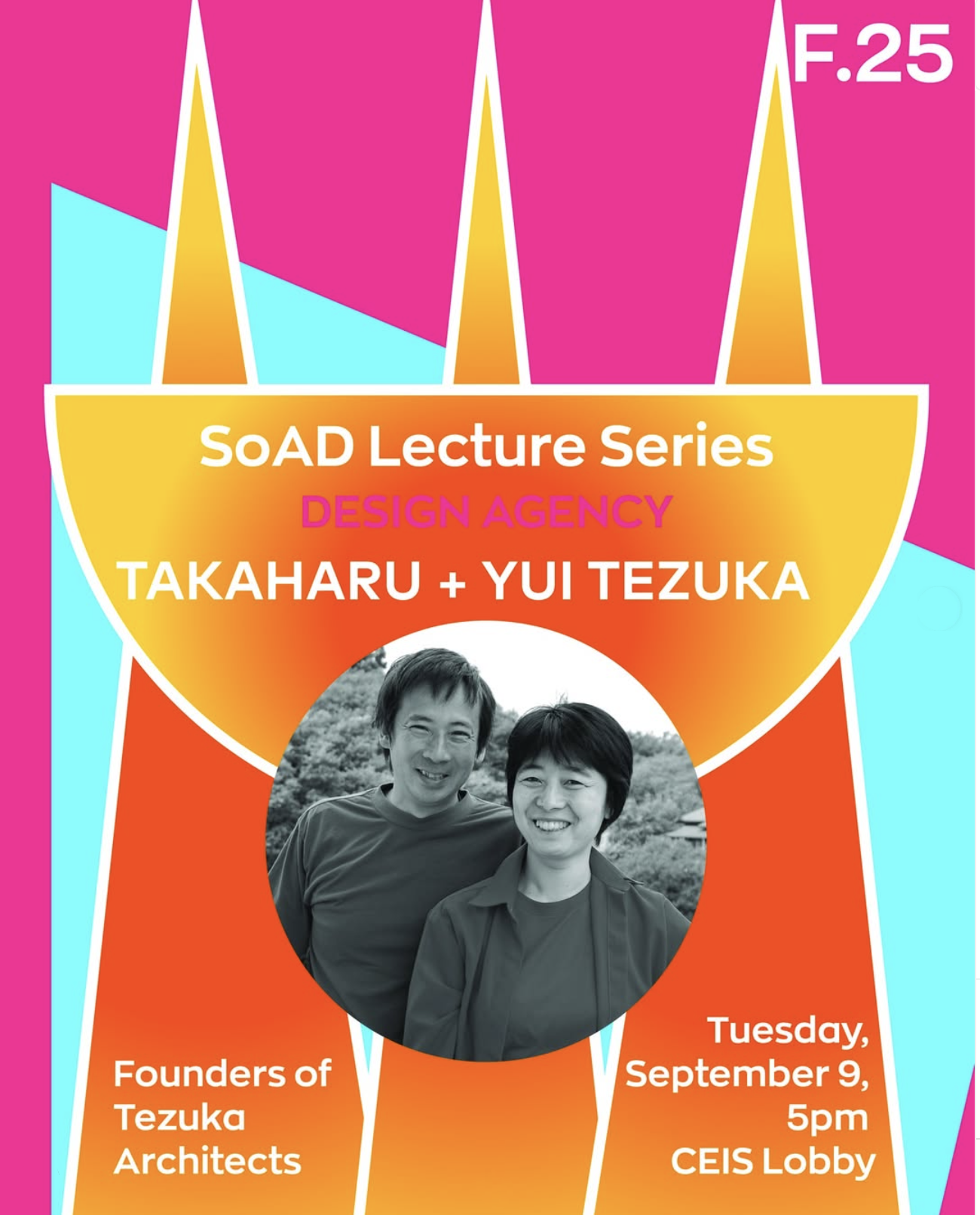 a colorful poster advertising a design lecture series