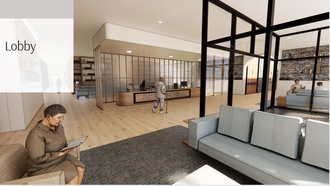 a rendering of a lounge in a memory care unit