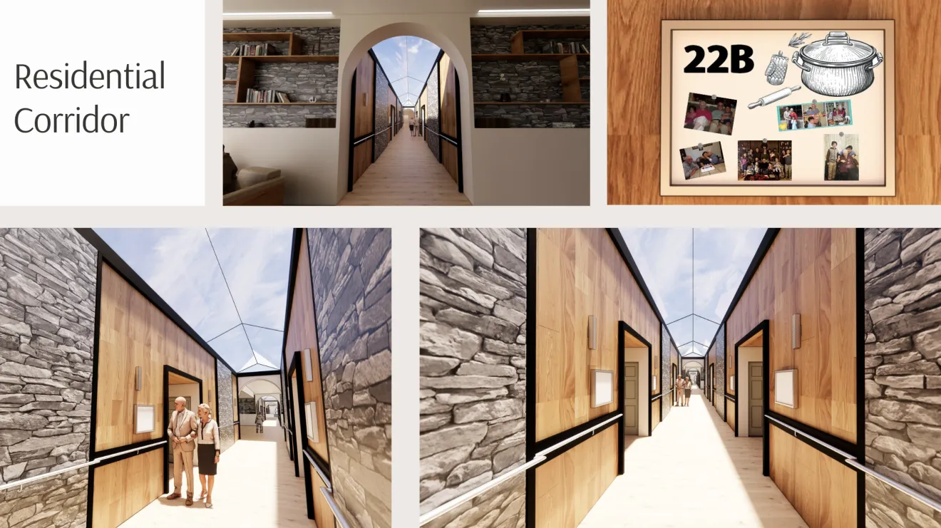 a rendering of hallways in a memory care facility