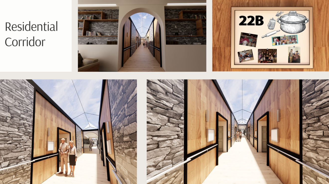 a rendering of hallways in a memory care facility