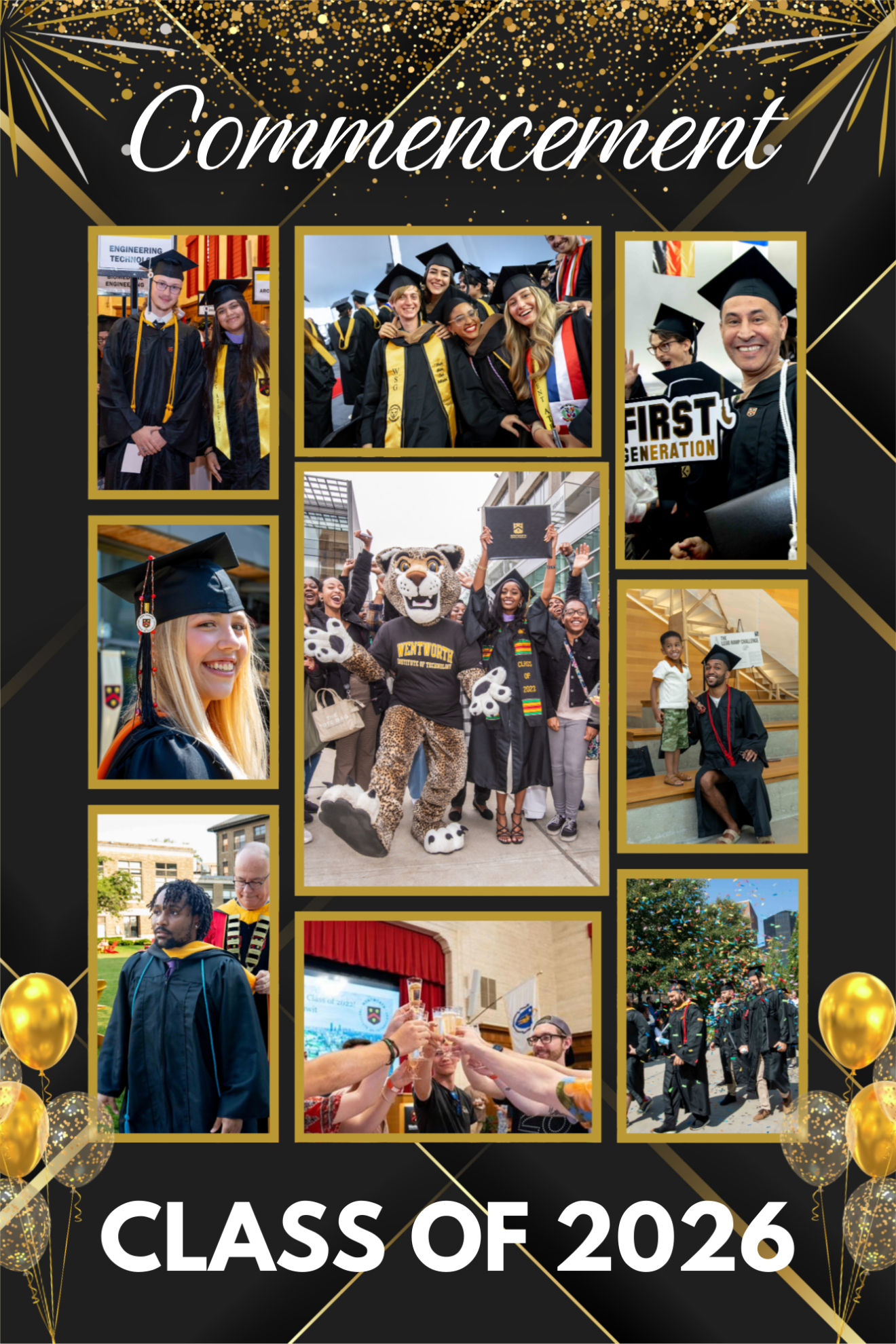 Collage image of students wearing caps and gowns at commencement ceremony