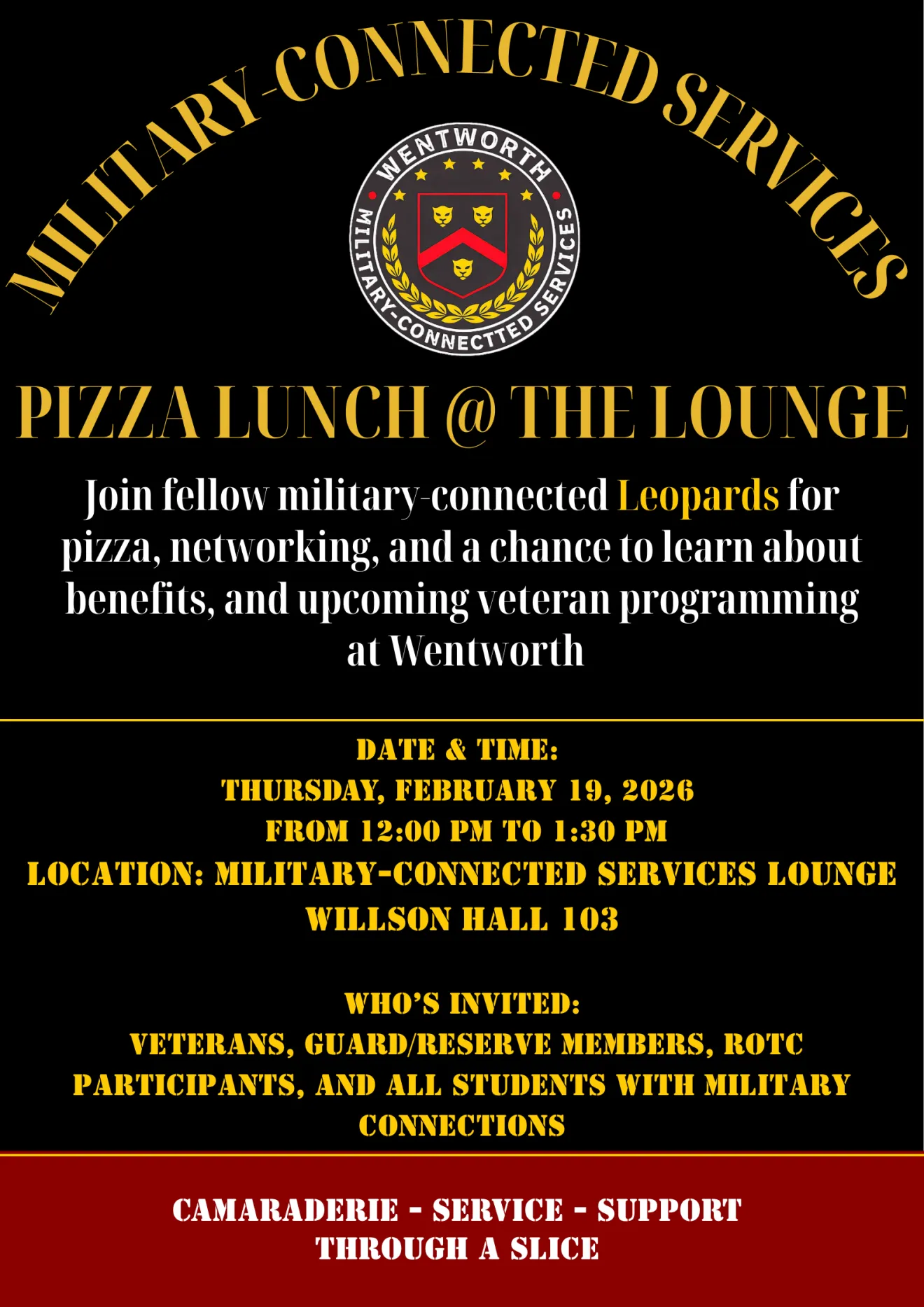 Flyer for Pizza Lunch at the Lounge. February 19th 12:30pm to 1:30pm in Willson 103
