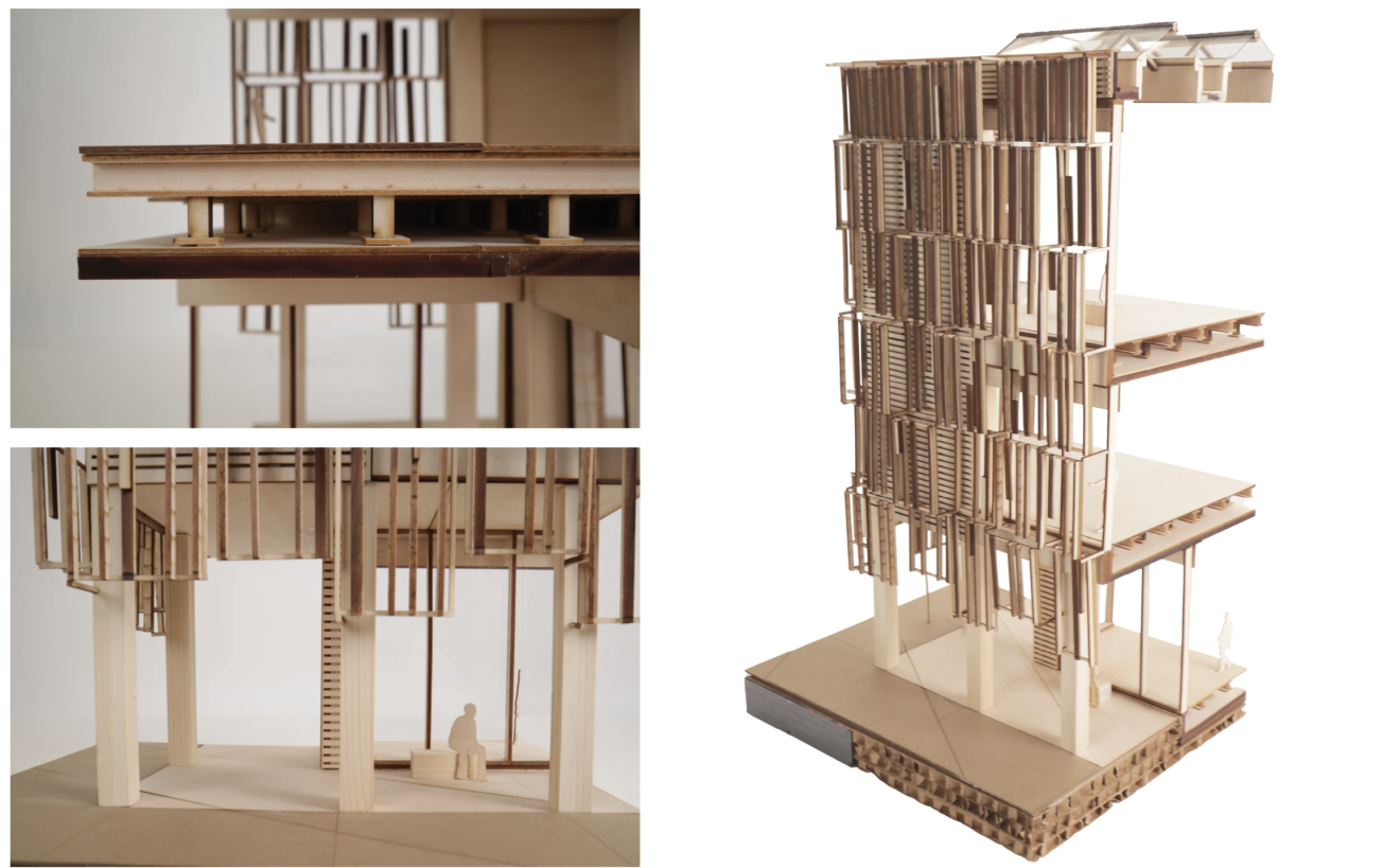 architectural models of a building made from a laser cutter and hand modeling tools