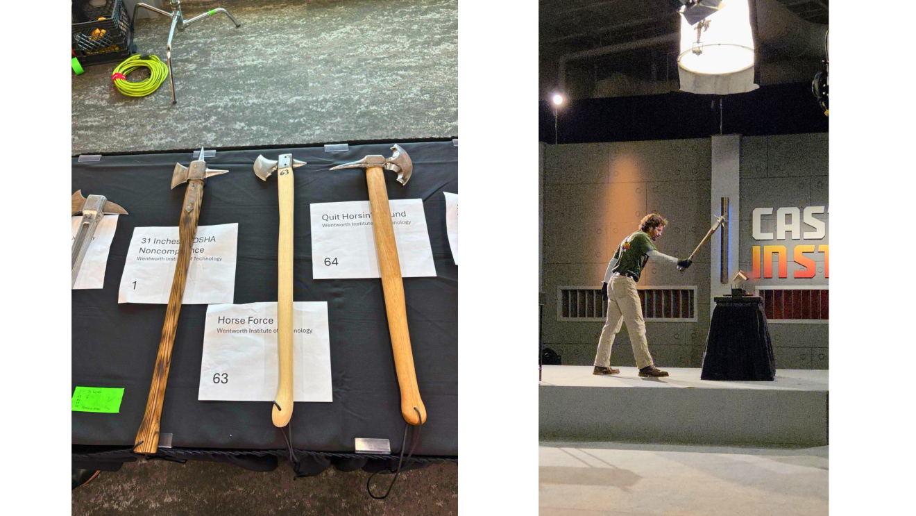 side by side images of various axes in one photo and a person using an axe in the other photo