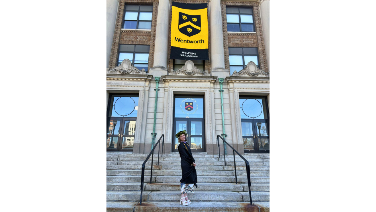 a woman in a graduation cap stands on the front steps of the wentworth hall building