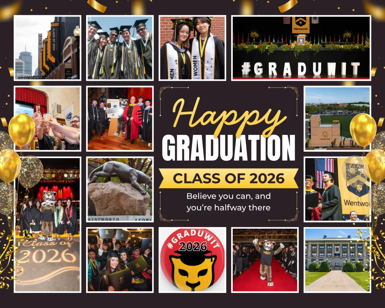 Collage image of students wearing caps and gowns at commencement and images of Wentworth Campus - new sports complex, the bronze Leopard statue