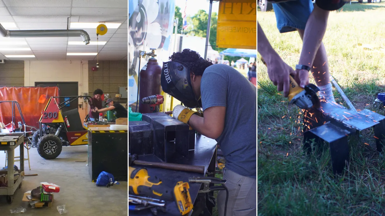 a collage showing a team of students working on a baja-style buggy racer