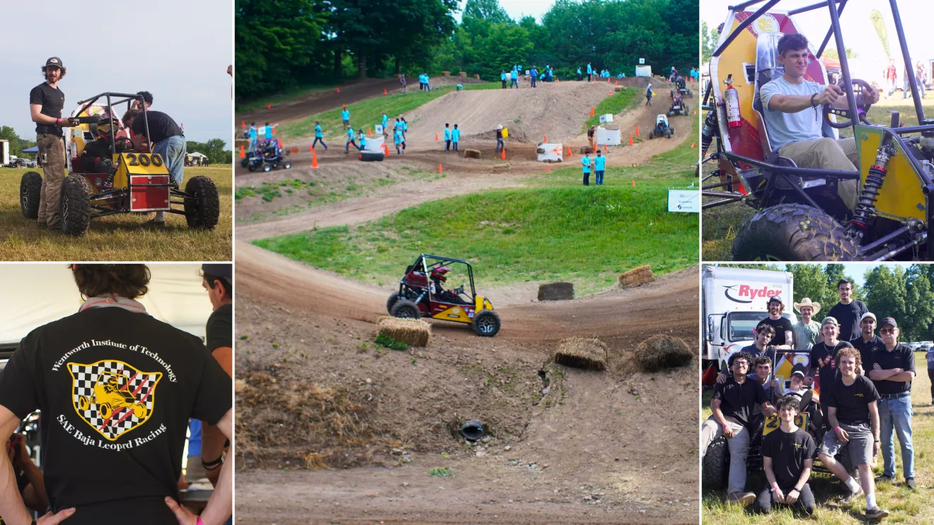 a collage showing students racing a buggy at a competition