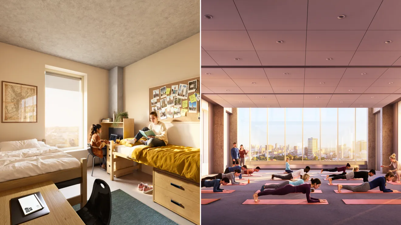 renderings showing students in a living area and other students taking a yoga class in a public space