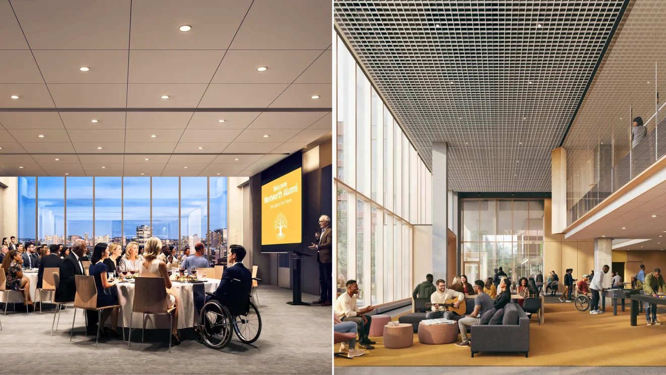 renderings of a building interior showing collaboration space, a conference room, and a main lobby