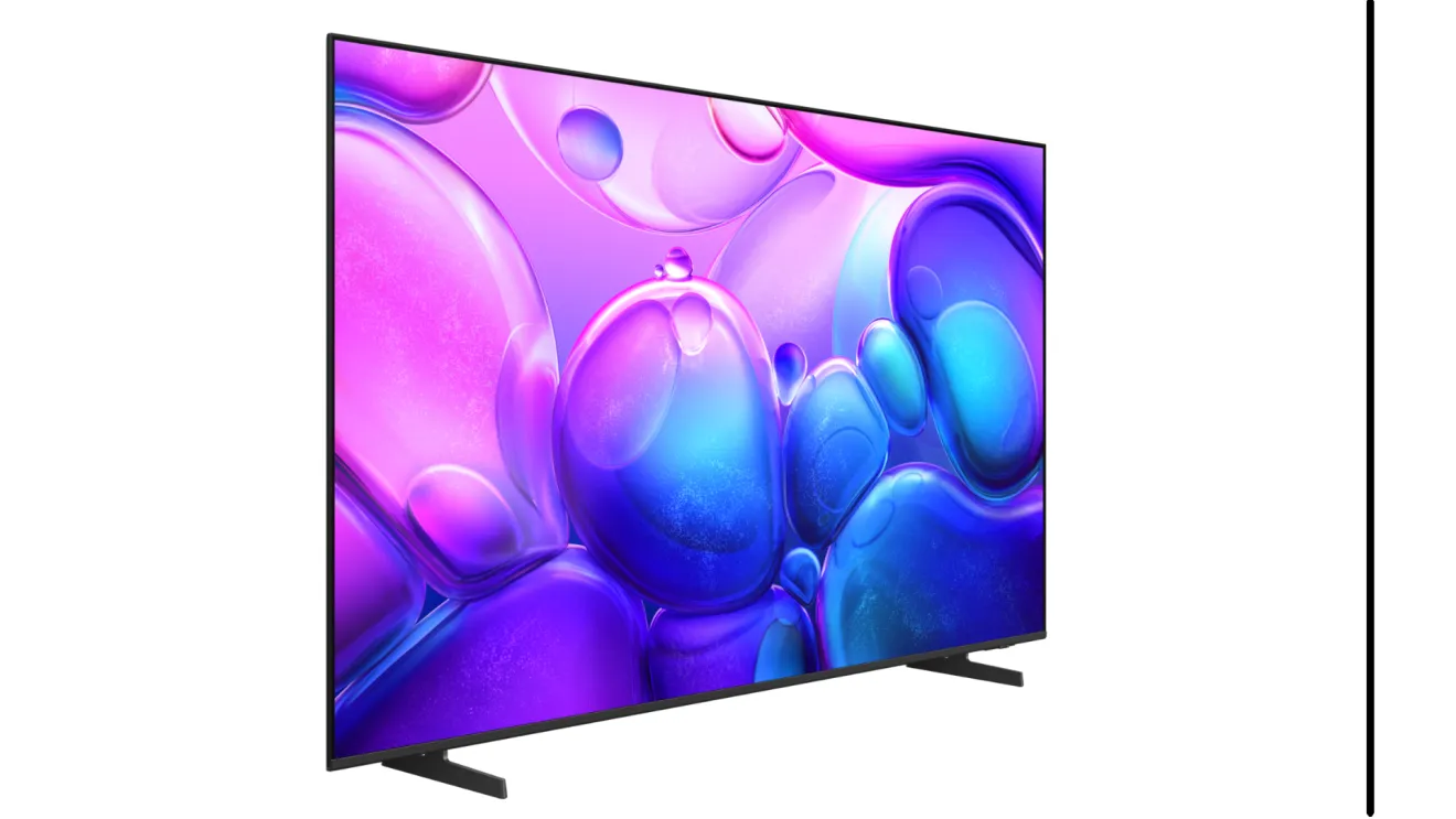 Tv on display with purple and blue graphics on the screen