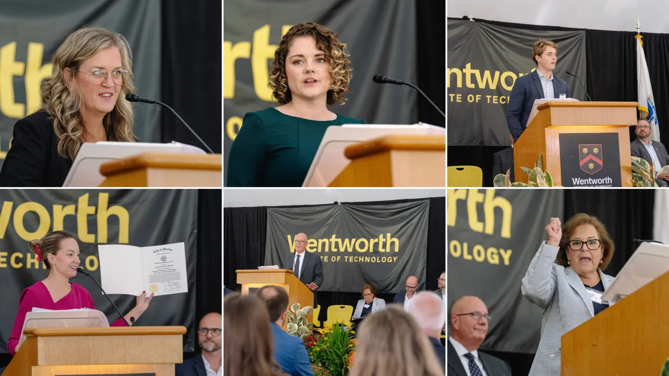 a collage of people speaking at an event