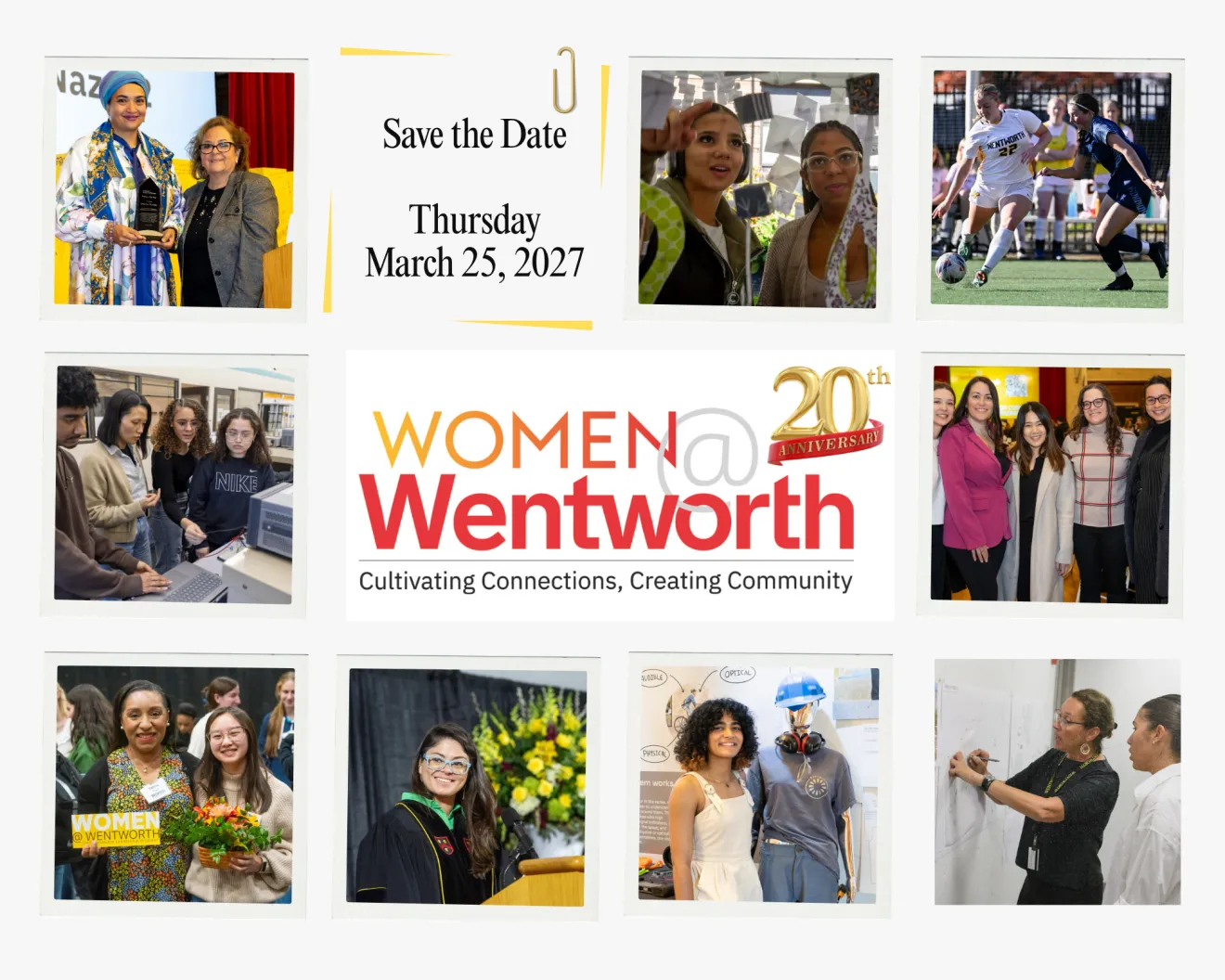 Image of a collage of photos featuring women - staff, faculty, alumni, students in various activities - sports, the classroom, graduation and more 