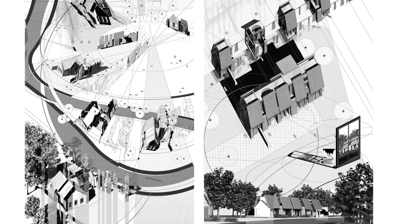 black and white sketches of buildings