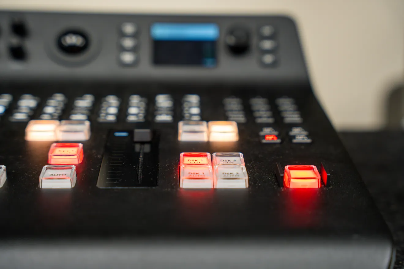 A/V board with several buttons lit up