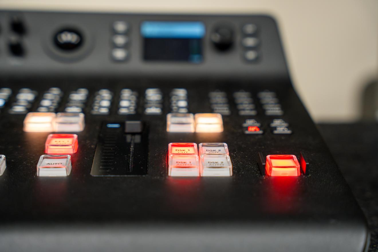 A/V board with several buttons lit up