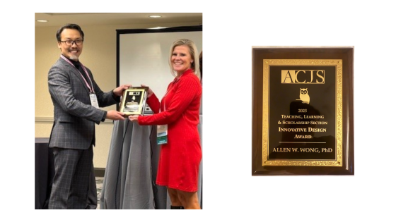 a collage of a woman handing a man an award on the left and the actual award on the right