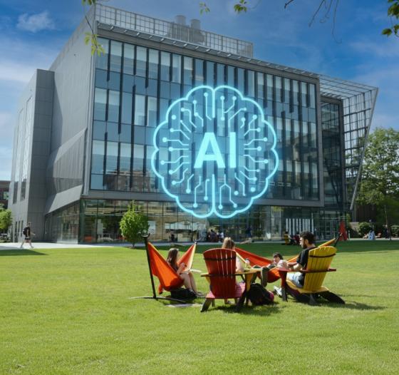 graphic of "ai" text over campus quad photo