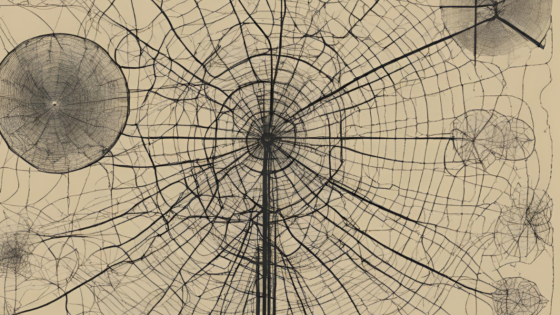 An abstract black-line illustration on a beige background depicting a complex, web-like network connecting several circular nodes