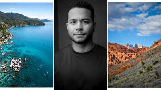 a collage showing a portrait of a man's face and two scenic photographs of the American West