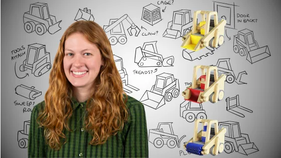 a portrait of a woman next to a series of toy prototypes she designed