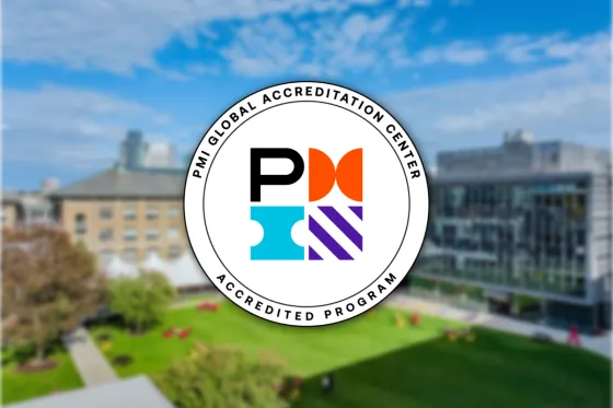 PMI Global Accreditation Center Accredited Program Logo on a background showing the Wentworth Quad
