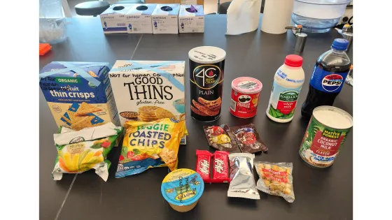 an array of snack foods on a table