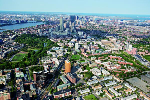 aerial view of campus and downtown Boston