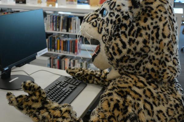 Leopard mascot working at computer.