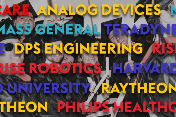 A graphic of the listed CO-OP companies superimposed over a photo of commencement students