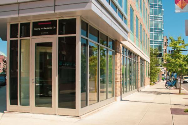The entrance to the Housing & Residential Life building