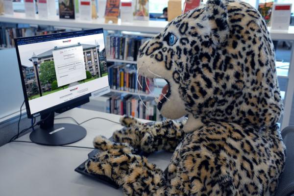 The leopard mascot sits in front of computer looking at the Wentworth donation page.
