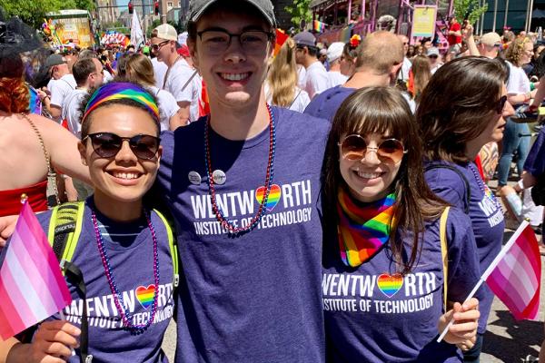 Three Wentworth students celebrating at the Boston Pride Parade.