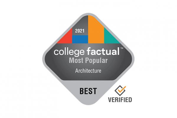 Graphic: the College Factual badge- a grey diamond with colored bars on top and the text "college Factual, most popular, Architecture, best" in the middle. 