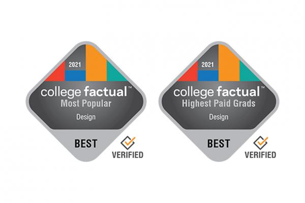 Graphic: 2 College Factual badges. The text on the left badge reads; "2021, College Factual, Most Popular, Design, Best, Verified". The text on badge 2 reads; "2021, College Factual, Highest Paid Grads, Design, Best, Verified".